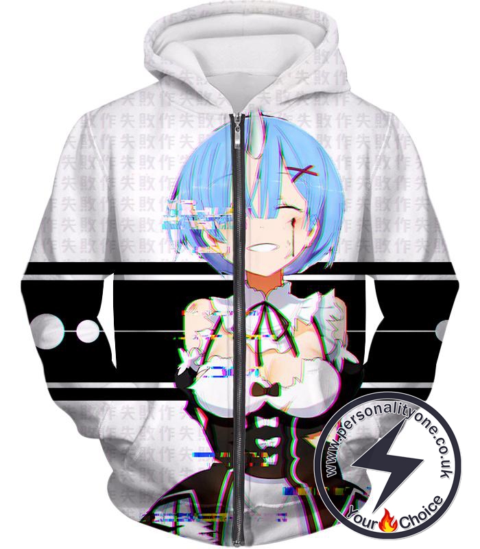 Re:Zero Re:Zero Oni Raced Maid Rem Glitch Print Zip Up Hoodie